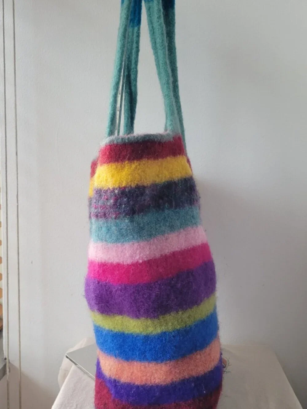 Colorful Felted Wool Tote Bag Rainbow Stripe Shoulder Bag Boho Artisan NWOT